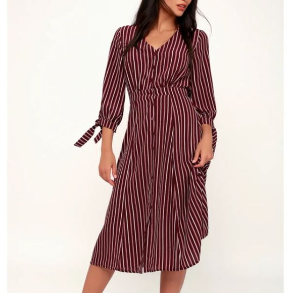 Lulu's Parisa Burgundy Stripe Button-Front Dress - Picture 2 of 11